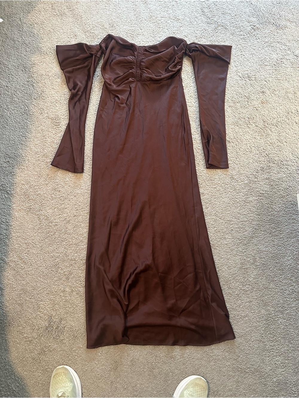 Hello Molly Chocolate Brown Off-Shoulder Satin Maxi Dress